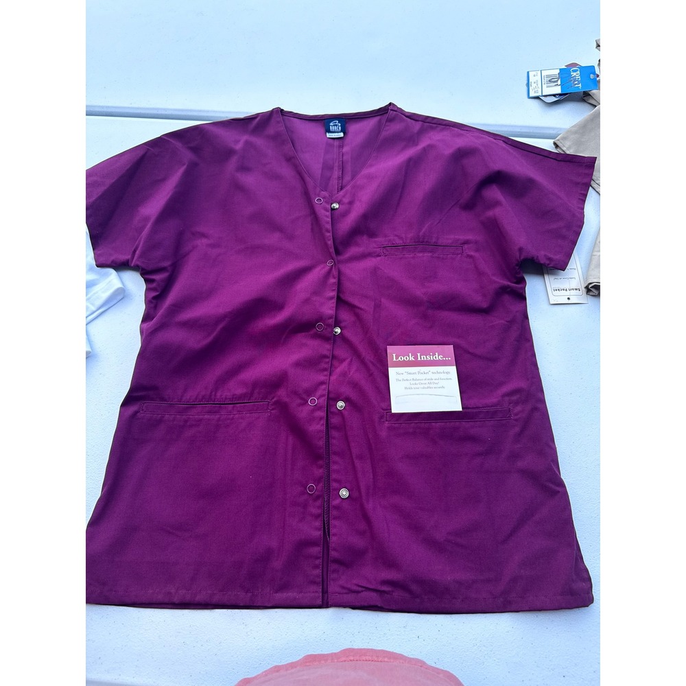 Barco Uniforms Scrub Top Wine Burgundy Snap Front Smart Pocket 21034 Size Large